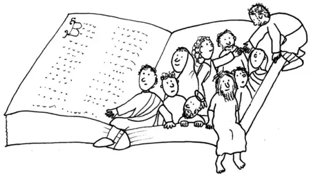 Zeichnung: Menschen klettern aus der Bibel